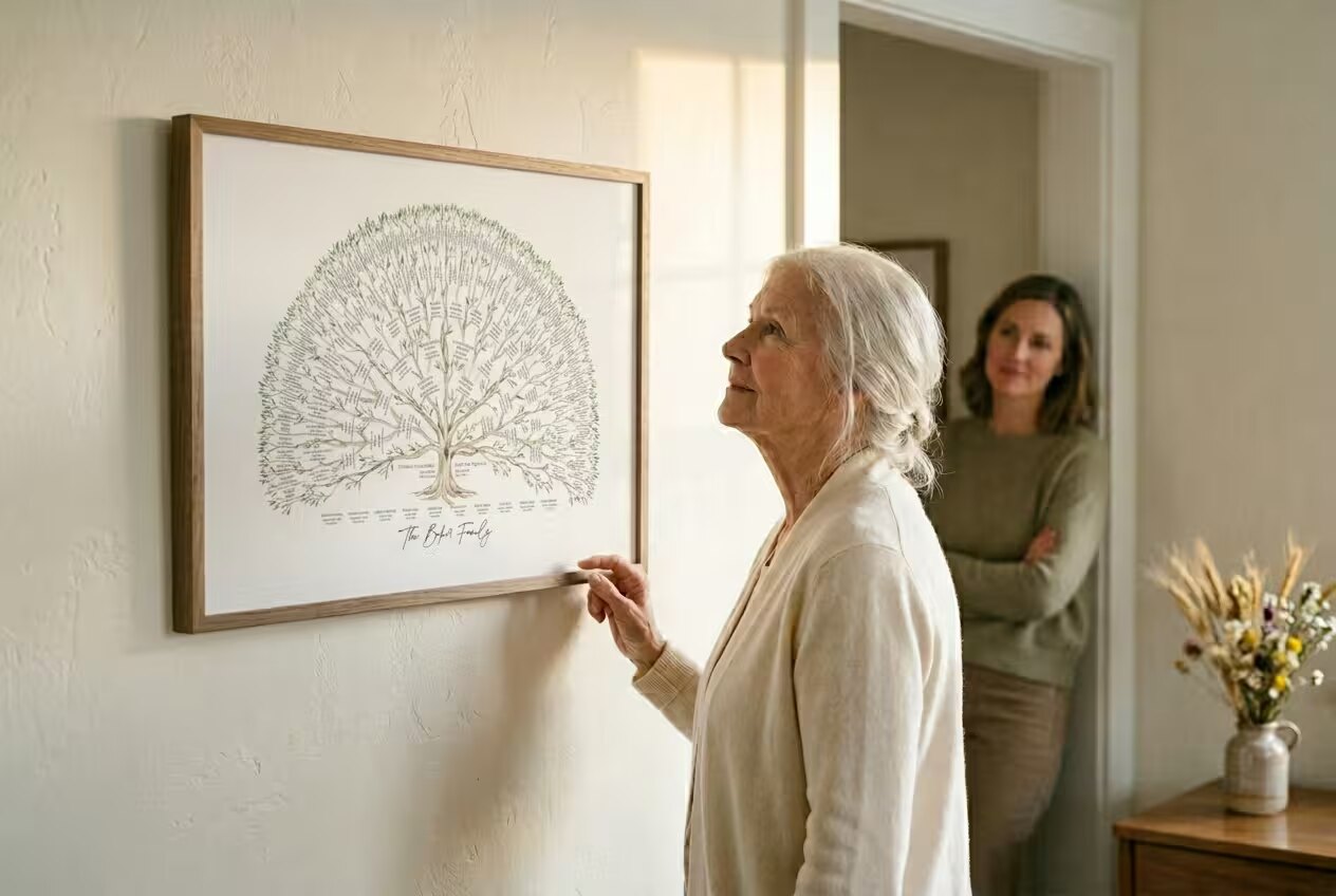 An older woman in a cream cardigan stands in soft afternoon light, looking at a framed family tree print on the wall of her home
